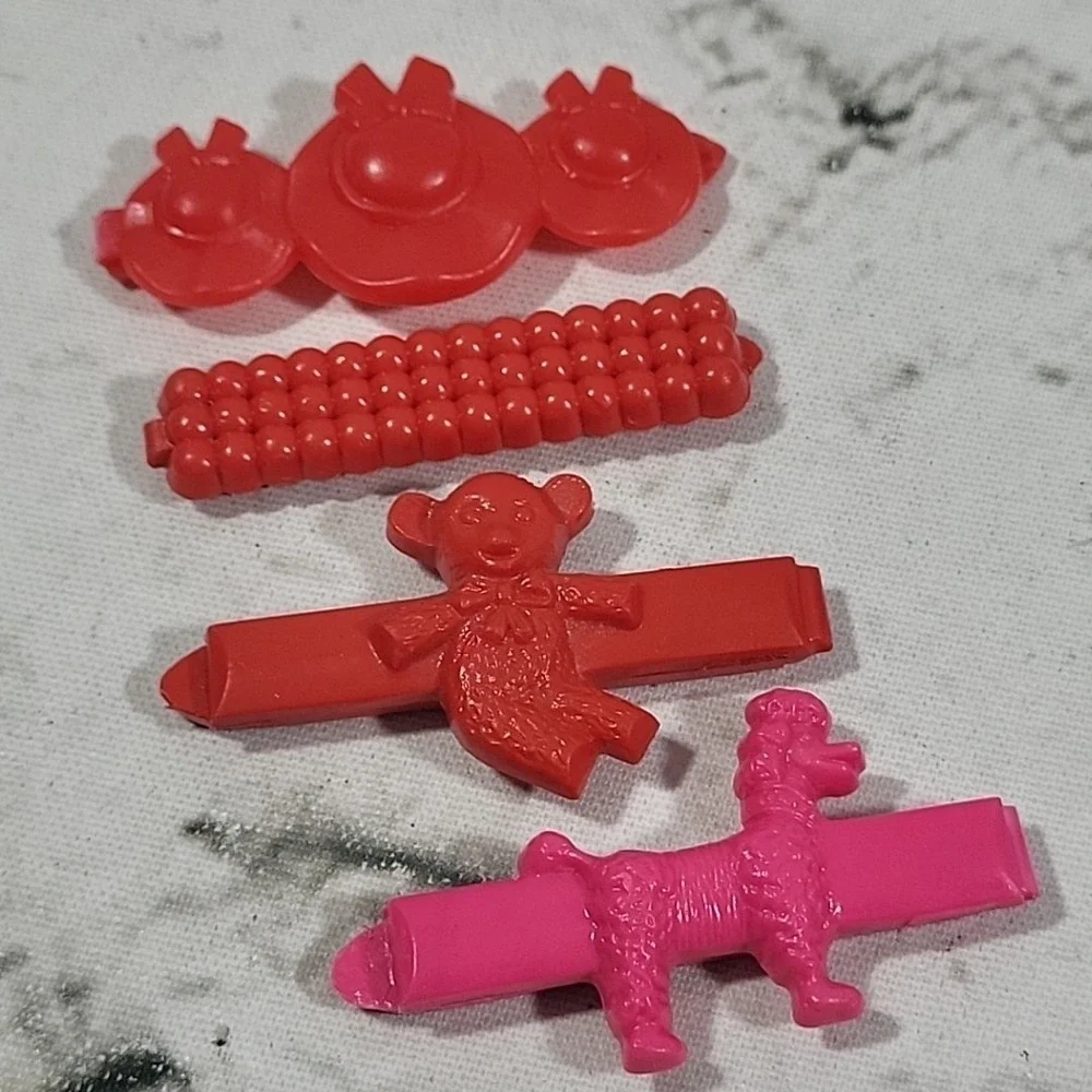 Vintage 80s Goody Snap Tight Barrettes Plastic Lot 4 Red Bear Bubbles Pink Puppy